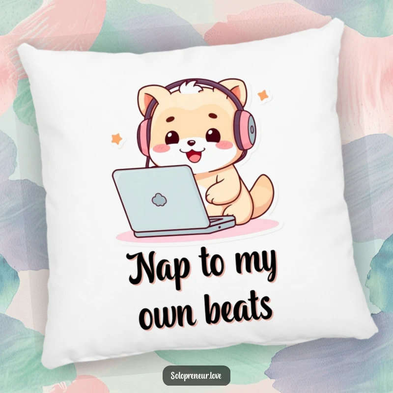 Funny Techie Creature Pillow: Plush cushion featuring a cute character wearing headphones and typing on a laptop.