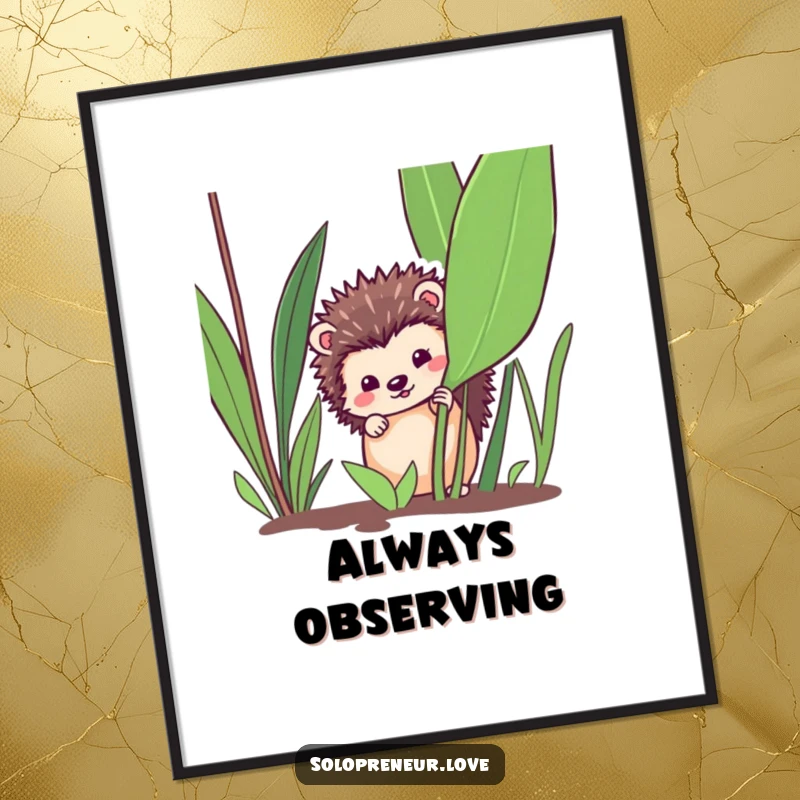 Funny hedgehog garden digital art print, a high-quality image of a hedgehog peeking from a plant, a charming funny gift.