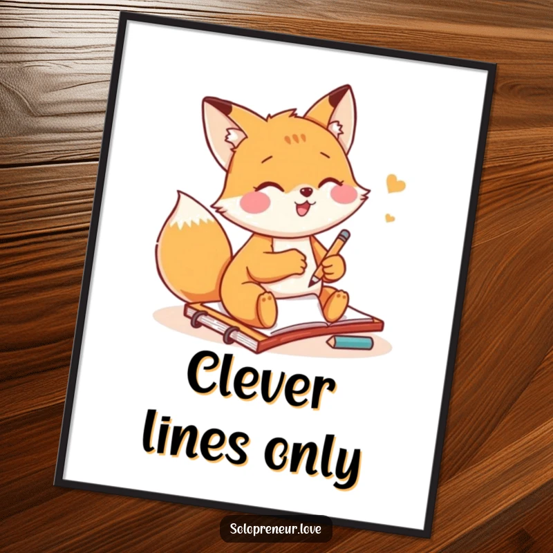 Funny fox artist digital art print of a small fox gleefully sketching on a notepad, ideal for creative wall decor.