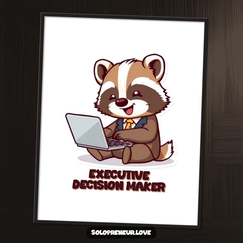 Funny badger business digital art print of a tiny badger in a suit typing joyfully on a laptop, ideal for office decor.