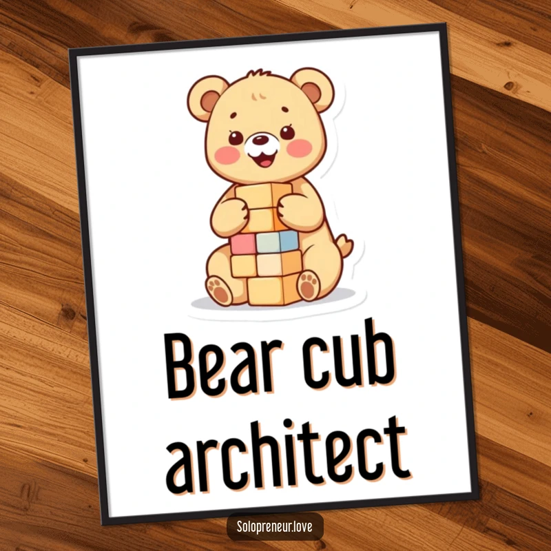 Funny digital art print of a happy bear cub building a small tower of blocks, ideal for nurseries or playrooms, evoking joy.