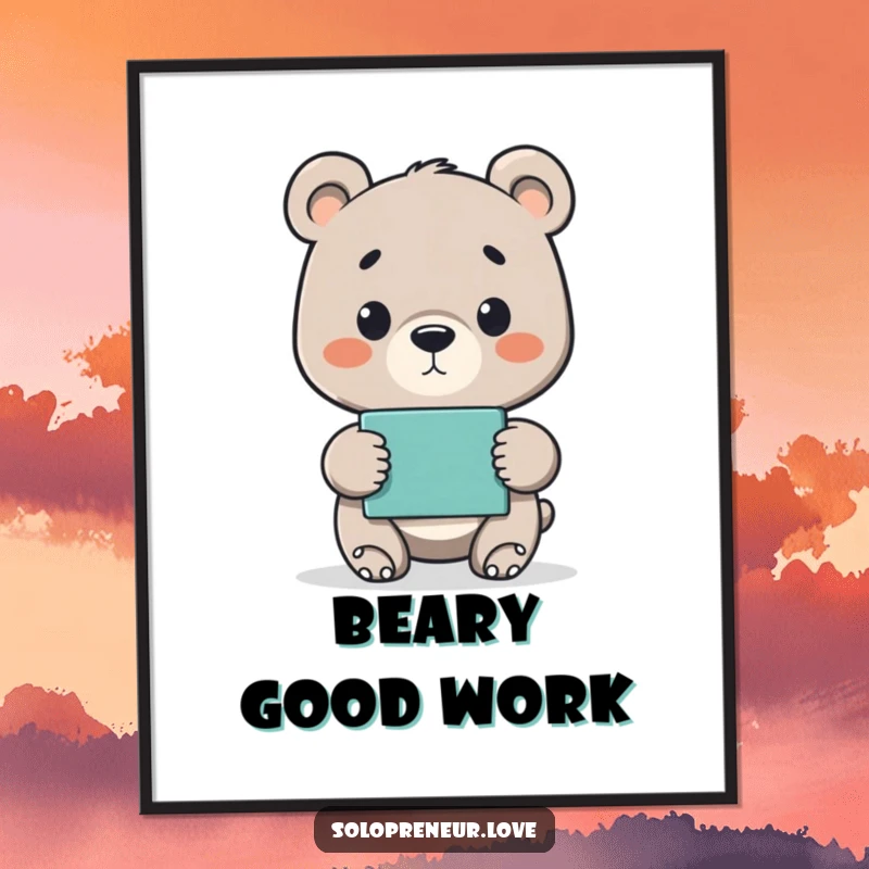 Funny digital art print showing a proud bear cub presenting a finished project, a cheerful and encouraging piece.