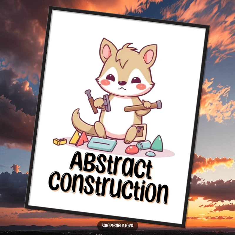 Funny builder animal digital art print of a determined character building with abstract shapes and tools, perfect for instant, humorous decor.