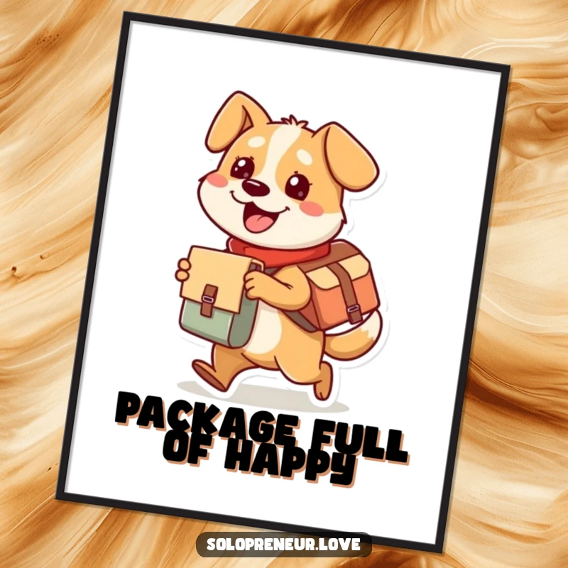 Funny dog digital art print of a busy character gleefully delivering a package, a humorous and energetic addition to any display.