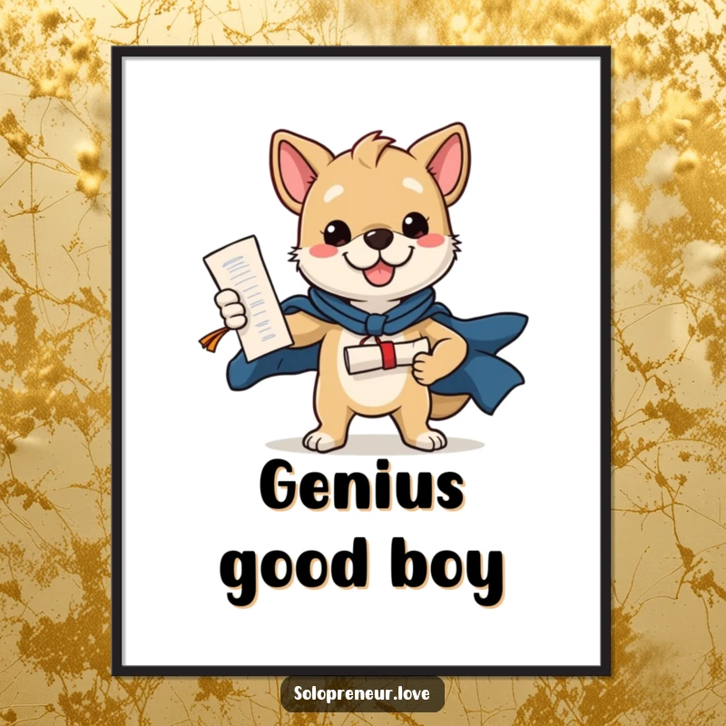Funny digital art print of a confident dog posing heroically with a diploma, a high-resolution, humorous artwork for instant download.