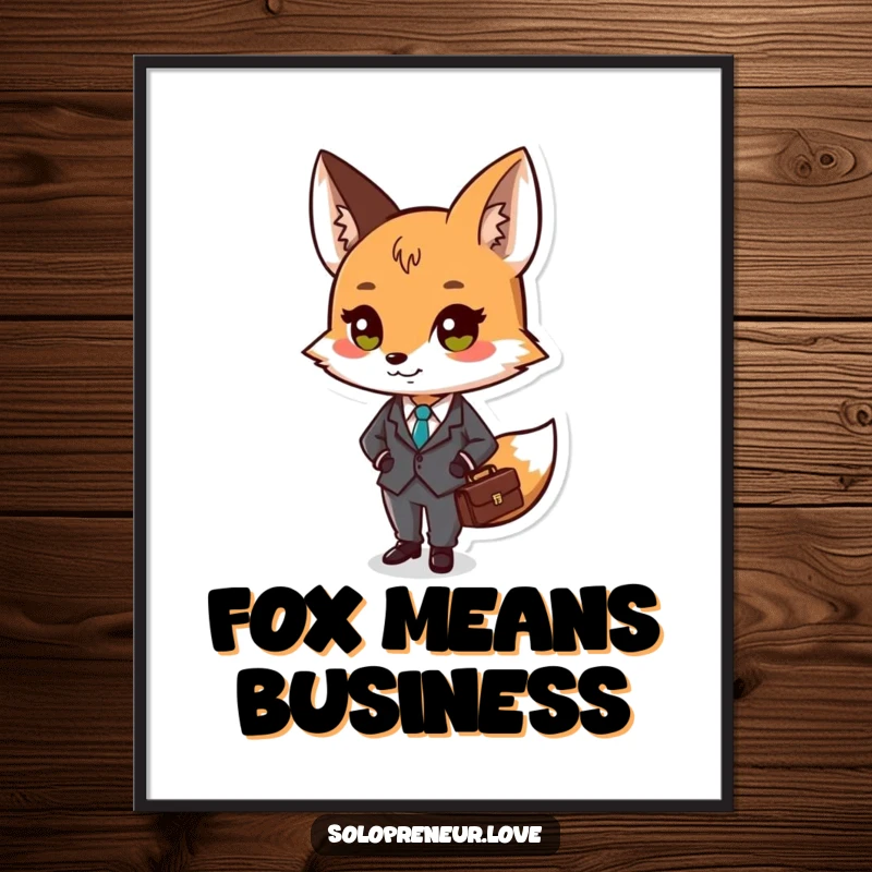 Funny digital art print of a small fox character in a tiny suit, holding a briefcase, exuding professional charm.