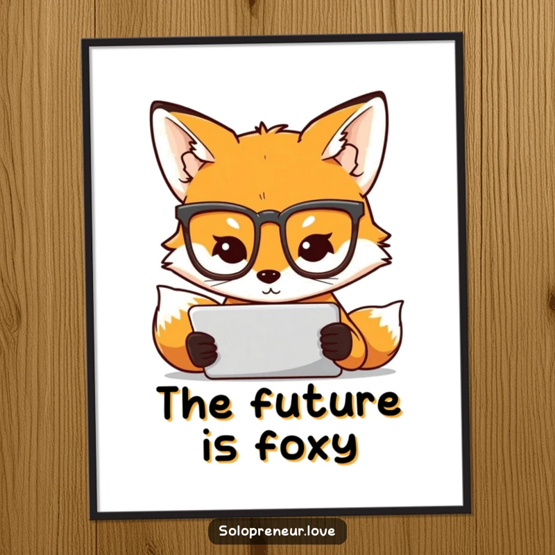 Funny digital art print of a fox in glasses intently studying a tablet, representing focus, intelligence, and digital life.