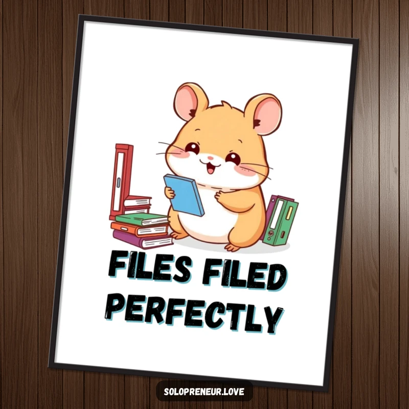 Funny hamster digital art print of a smiling character organizing files, perfect for home or office decor.