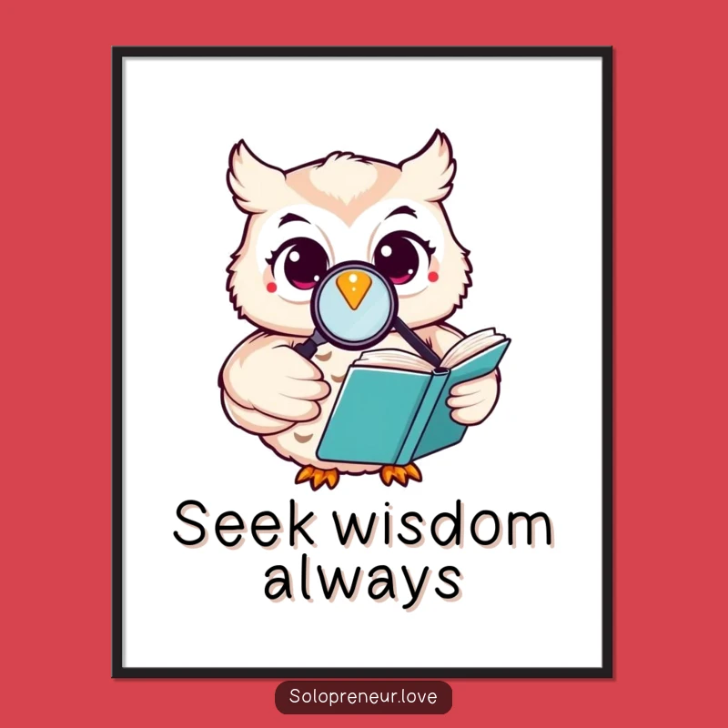 Funny Happy Owl Digital Art: Reading Book Magnifying Glass - Instant Download for Wise Decor