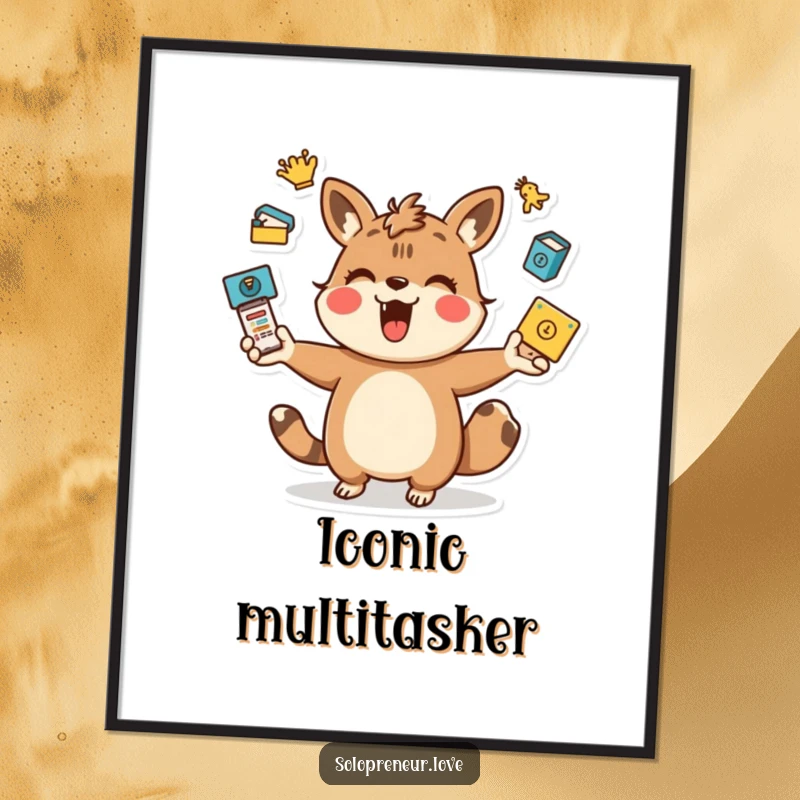 Funny juggling animal digital art print of a playful character energetically juggling task icons, perfect for instant, humorous decor.