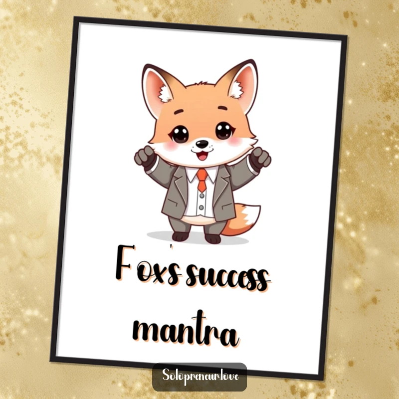 Funny Kawaii Fox in a business suit, celebrating success with a diploma, digital art ready for printing.