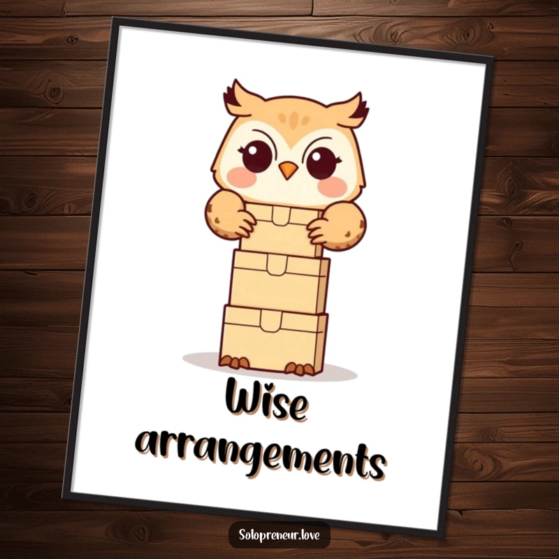 Funny owl organizer digital art print of a cute owl happily stacking small boxes, ideal for tidy wall decor.