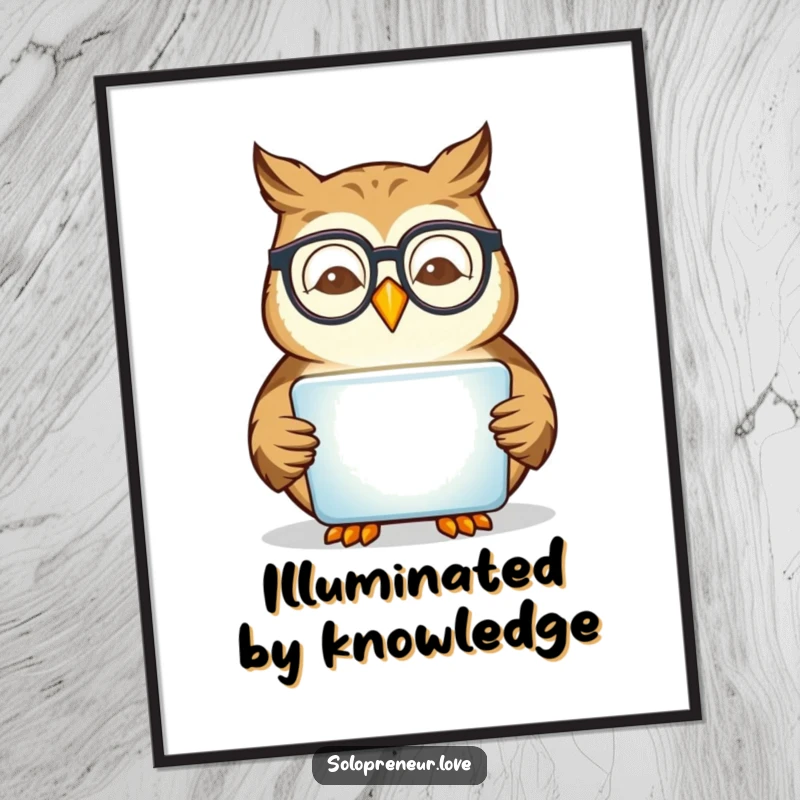 Funny owl character wearing glasses reading a glowing tablet, a wise and humorous digital art print.