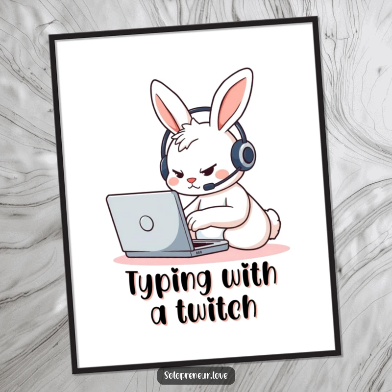 Funny determined rabbit character, headset on, typing furiously on a laptop, available as a high-resolution digital art print.