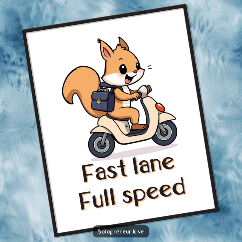Funny squirrel executive on a scooter with briefcase, a vibrant and humorous digital art print for walls.