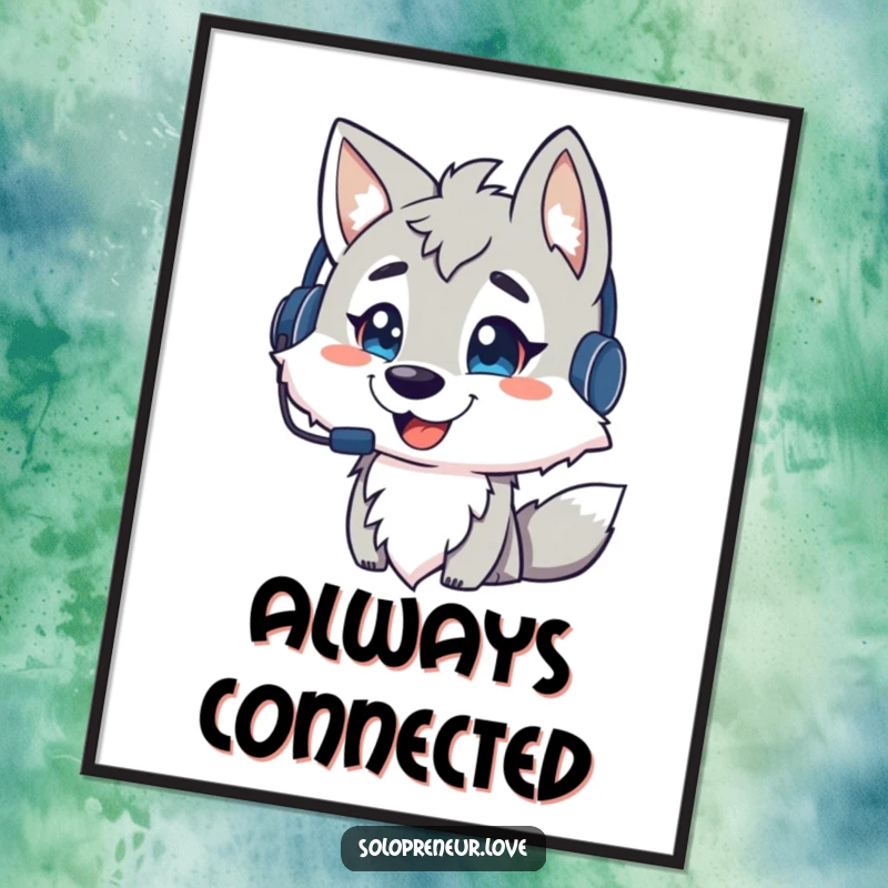 Funny wolf comms digital art print, a high-resolution image of a wolf with a headset talking, a dynamic funny gift.