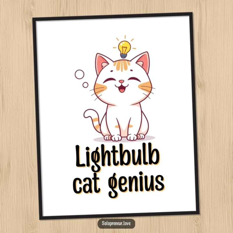 Funny Digital Art Print: A playful cat character with a lightbulb above its head, signifying a moment of pure genius.