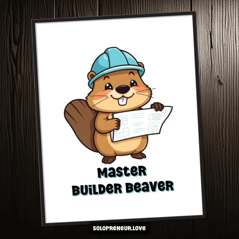 Funny digital art print of a cheerful beaver character wearing a hard hat and holding a blueprint, exuding industrious charm.