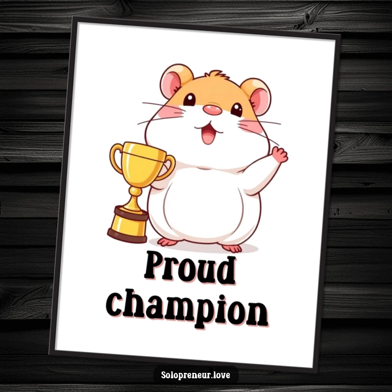 Funny beaming hamster digital art print of a character proudly displaying a trophy, perfect for instant download.