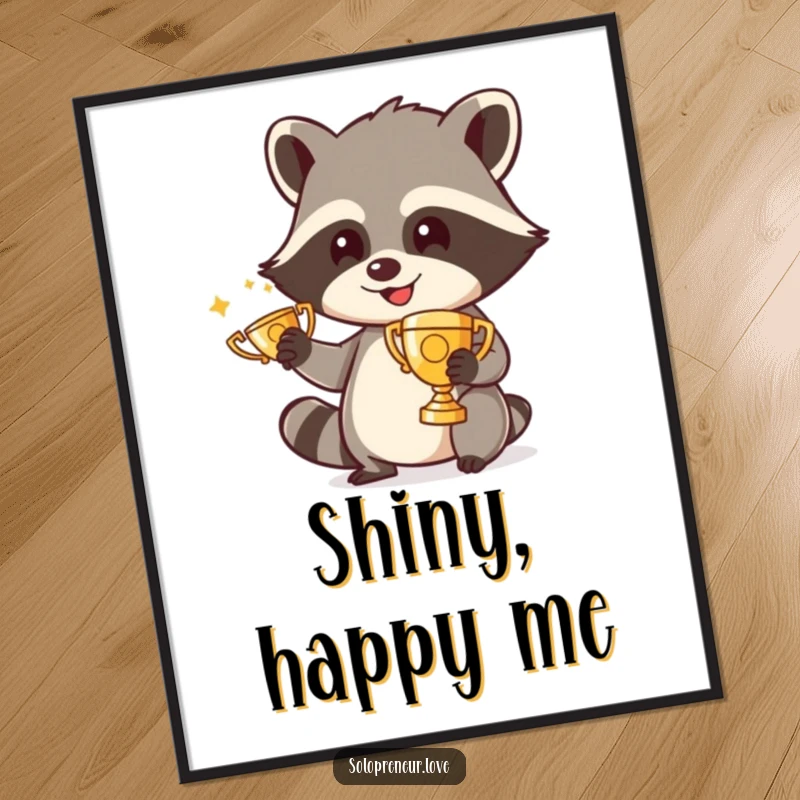 Funny digital art print of a happy raccoon character polishing a tiny trophy, a high-resolution, humorous artwork for instant download.