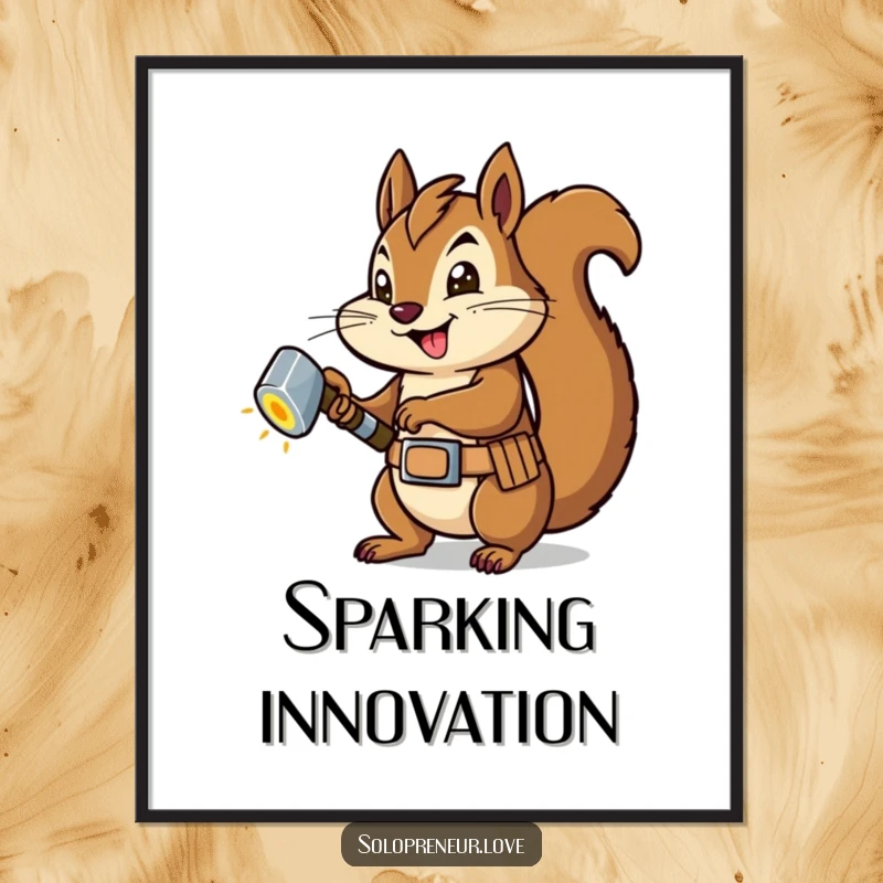 Funny Squirrel Carpenter Digital Art: High-resolution artwork of a squirrel hammering a bolt, perfect for instant workshop decor.