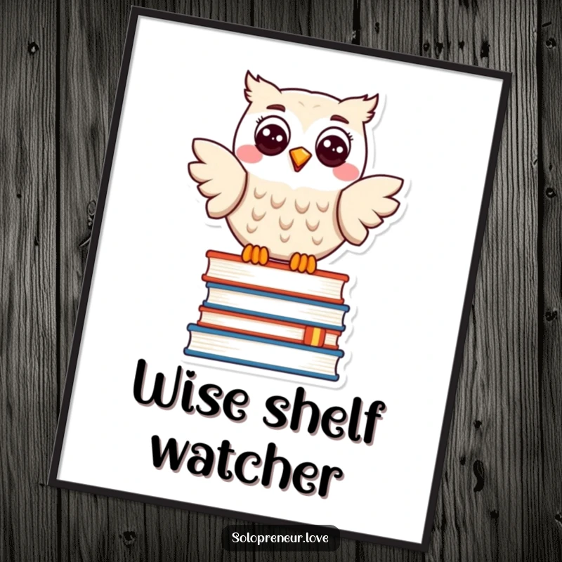 Funny digital art print of a happy owl character perched on a stack of books, exuding joy and literary charm.