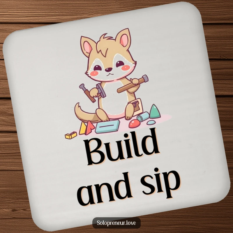 Funny builder animal coasters showing a determined character building with abstract shapes and tools, protecting tables with constructive humor.