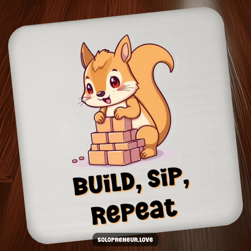 Funny determined squirrel character focused on building with blocks, featured on a protective drink coaster.