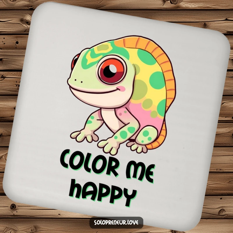 Funny chameleon drink coasters featuring a smiling character that rapidly changes colors, protecting surfaces with a humorous and artistic flair.