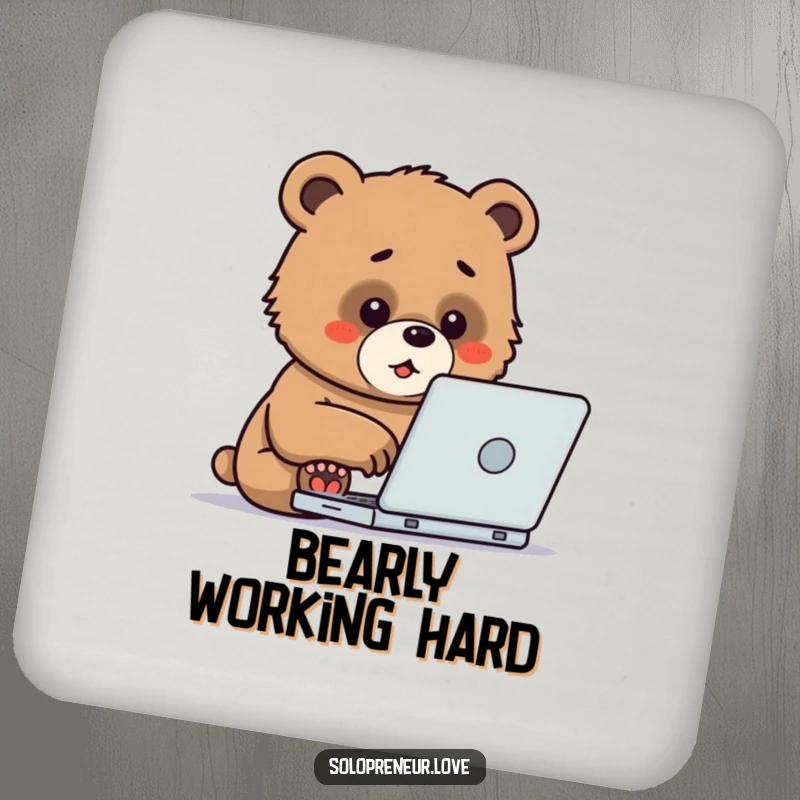 Funny Drink Coaster set decorated with a determined bear cub typing on a laptop, offering surface protection and humor.