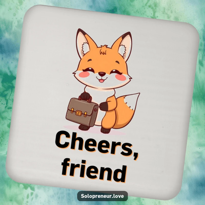 Funny drink coasters with a cheerful fox holding a tiny briefcase and smiling broadly, adding a humorous business theme to surface protection.