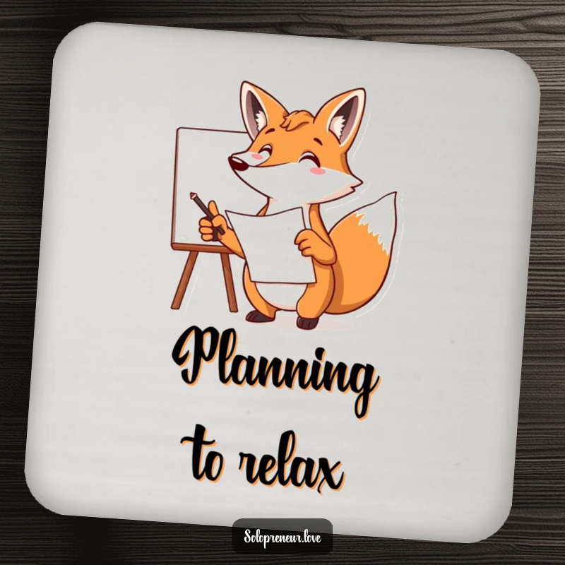 Funny fox drink coaster showing a focused character pointing at a whiteboard with a plan, a humorous accessory for tables.