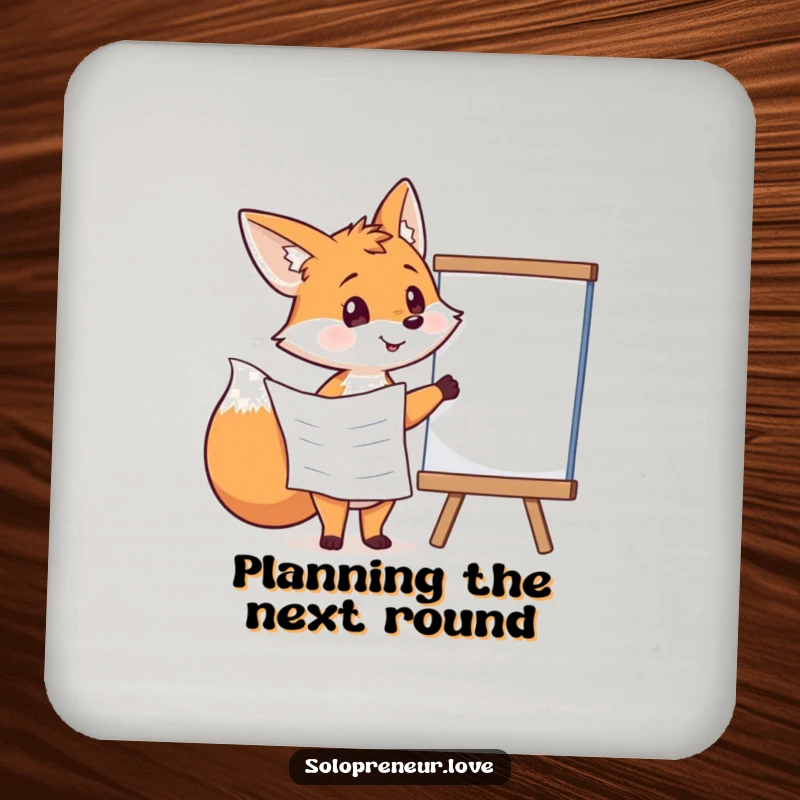 Funny fox holding a plan, pointing at a whiteboard, acting as a humorous drink coaster.