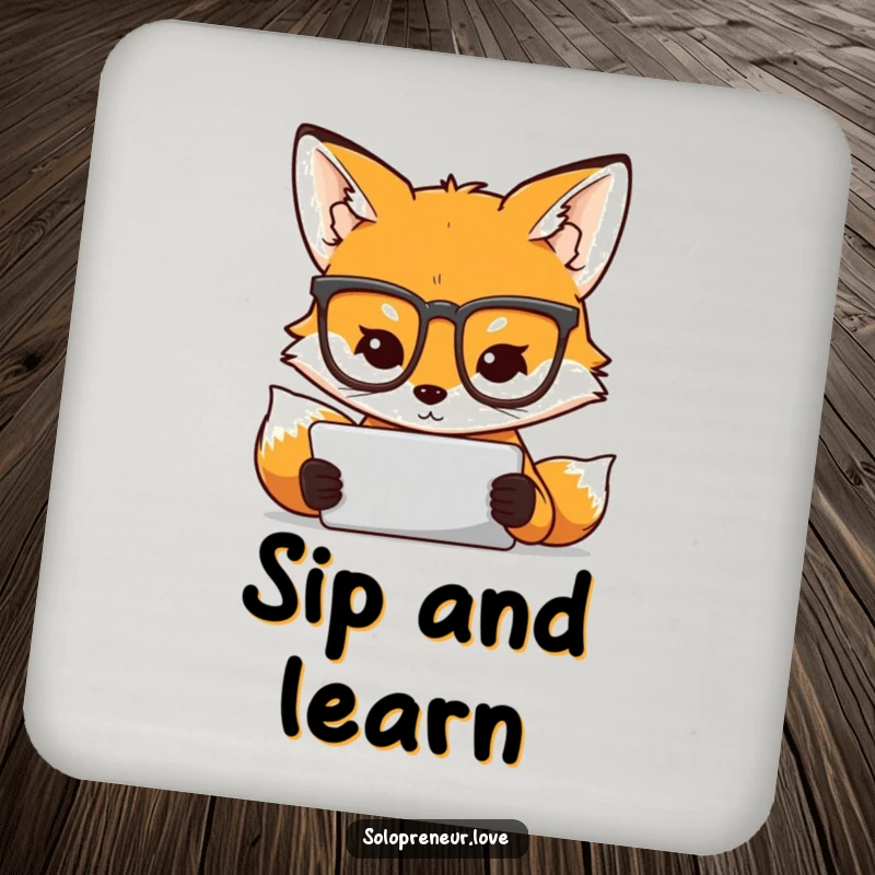 Funny drink coaster of a fox wearing glasses intently using a tablet, offering stylish and humorous surface protection.