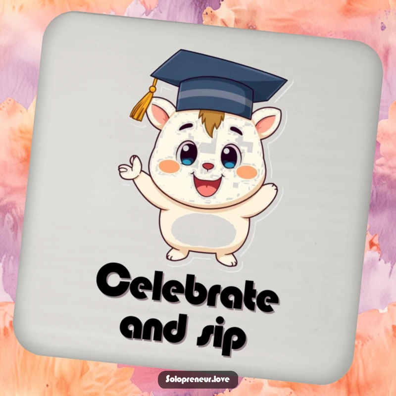 Funny Graduation Creature Coaster: A smiling creature with a graduation cap, cheering, protecting your surfaces.