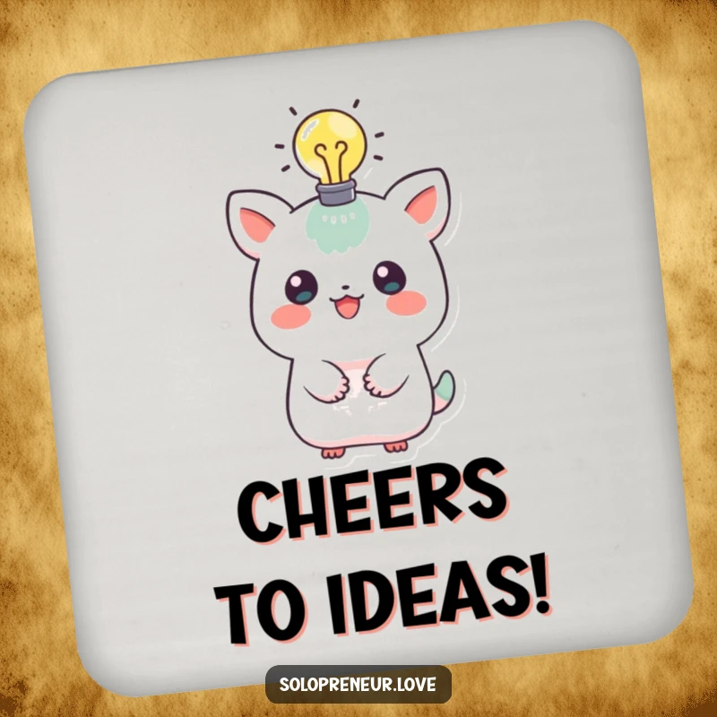 Funny drink coaster featuring a playful creature with a glowing lightbulb above its head, offering surface protection with a nod to innovation.