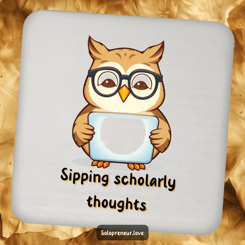 Funny owl reading a tablet, acting as a humorous drink coaster.
