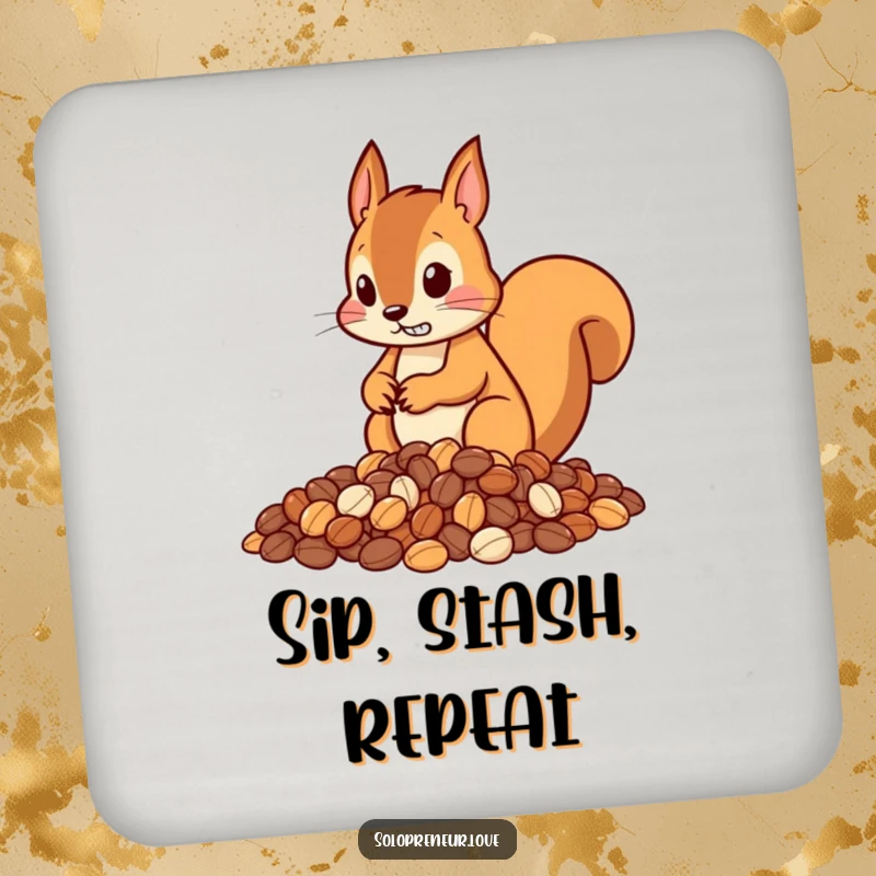 Funny coaster with a determined squirrel character meticulously organizing nuts into neat piles, adding a touch of humor to any table.