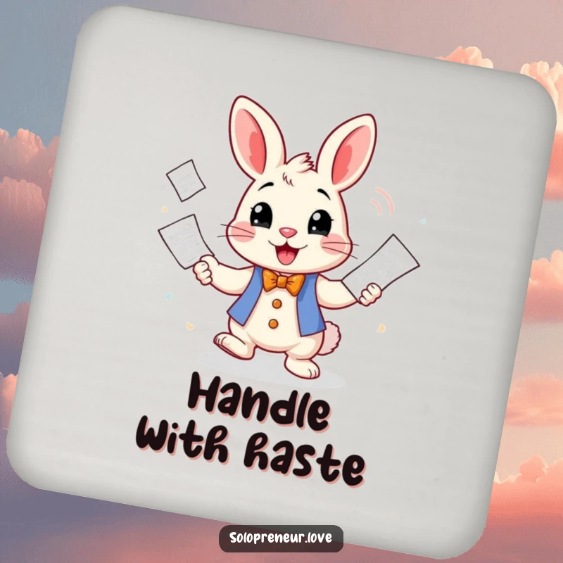 Funny Drink Coaster set decorated with a cheerful rabbit character juggling business invoices, offering surface protection and humor.