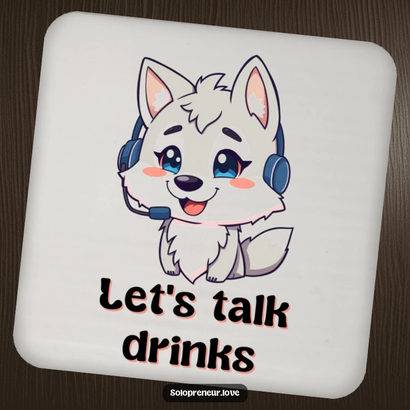Funny wolf command drink coaster, featuring a wolf with a headset, protecting your table, a cool funny gift.
