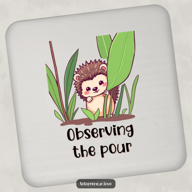 Funny hedgehog plant drink coaster, featuring a hedgehog peeking from a green plant, protecting surfaces, a cute funny gift.