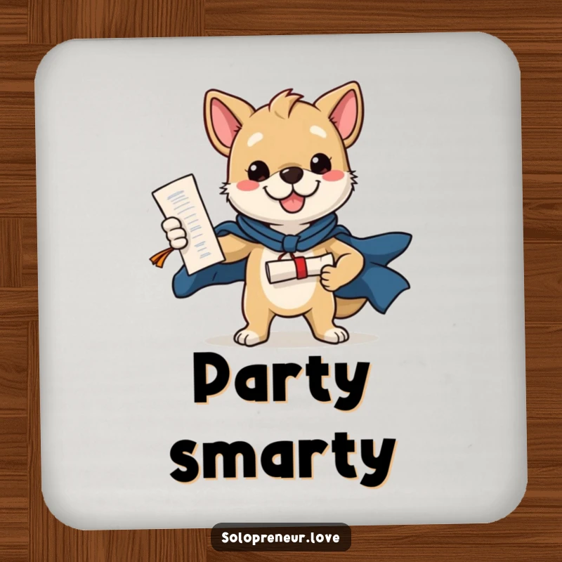 Funny drink coaster depicting a heroic dog holding a diploma, adding a touch of academic humor to beverage settings.