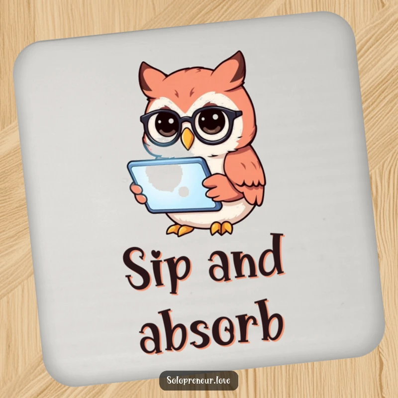 Funny owl wearing glasses reading a glowing tablet, featured on a protective drink coaster.