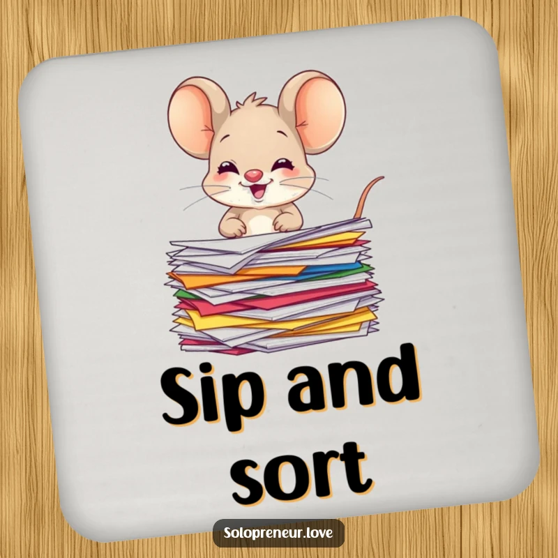 Funny giggling mouse coasters featuring a character organizing colorful papers, protecting surfaces with whimsical style.