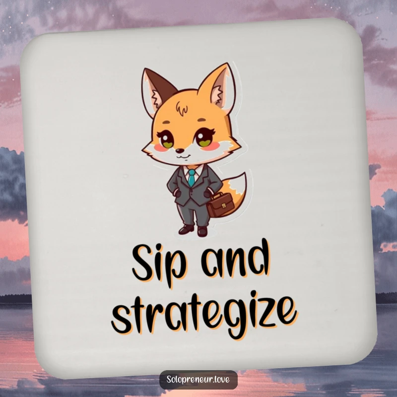 Funny drink coaster featuring a small fox character in a tiny suit, holding a briefcase, adding business humor.