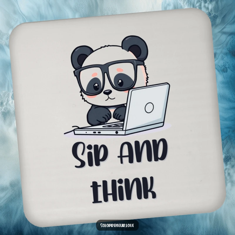 Funny drink coasters with a tiny panda wearing glasses working on a laptop, adding a humorous tech theme to surface protection.