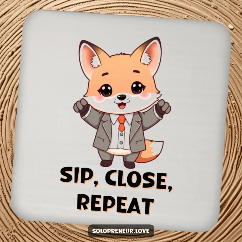 Funny Kawaii Fox in a business suit, looking professional and successful, featured on a drink coaster.
