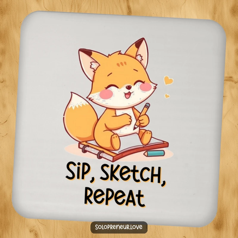 Funny fox artist coasters featuring a small fox gleefully sketching on a notepad, protecting surfaces with artistic humor.