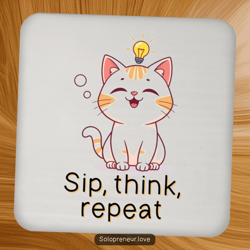 Funny Coaster: A cat character having a lightbulb moment, symbolizing a clever idea, adding humor to your table.