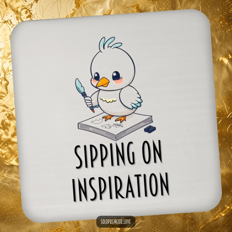 Funny bird drink coasters featuring a creative character sketching with a feather pen, offering artistic humor and surface protection.
